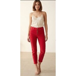 Free People We The Free Women 25 Red Skinny Corduroy Cropped Raw Hem Button Fly